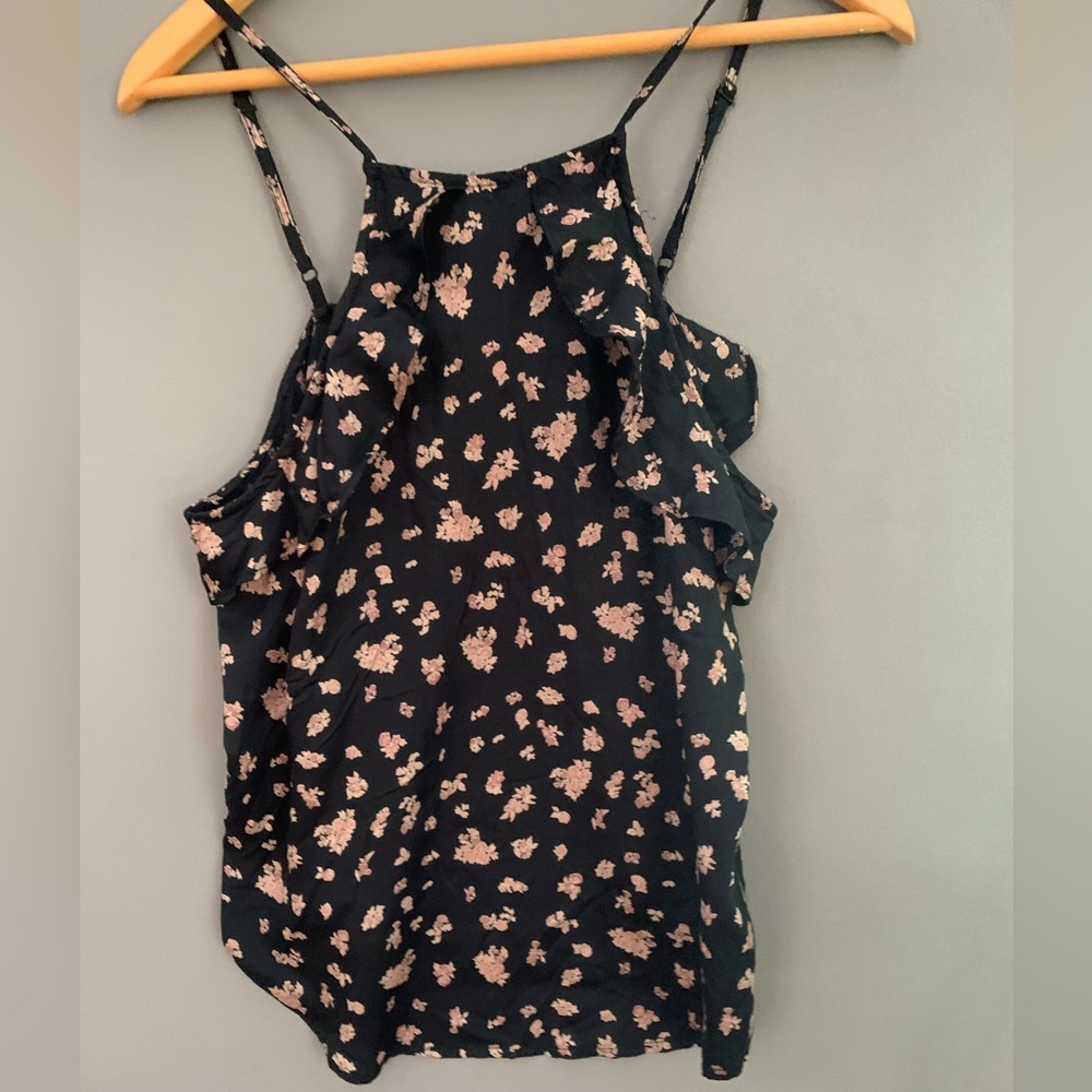 Billabong Camisole, Size L, Navy Blue and Tan Floral Print, Silk